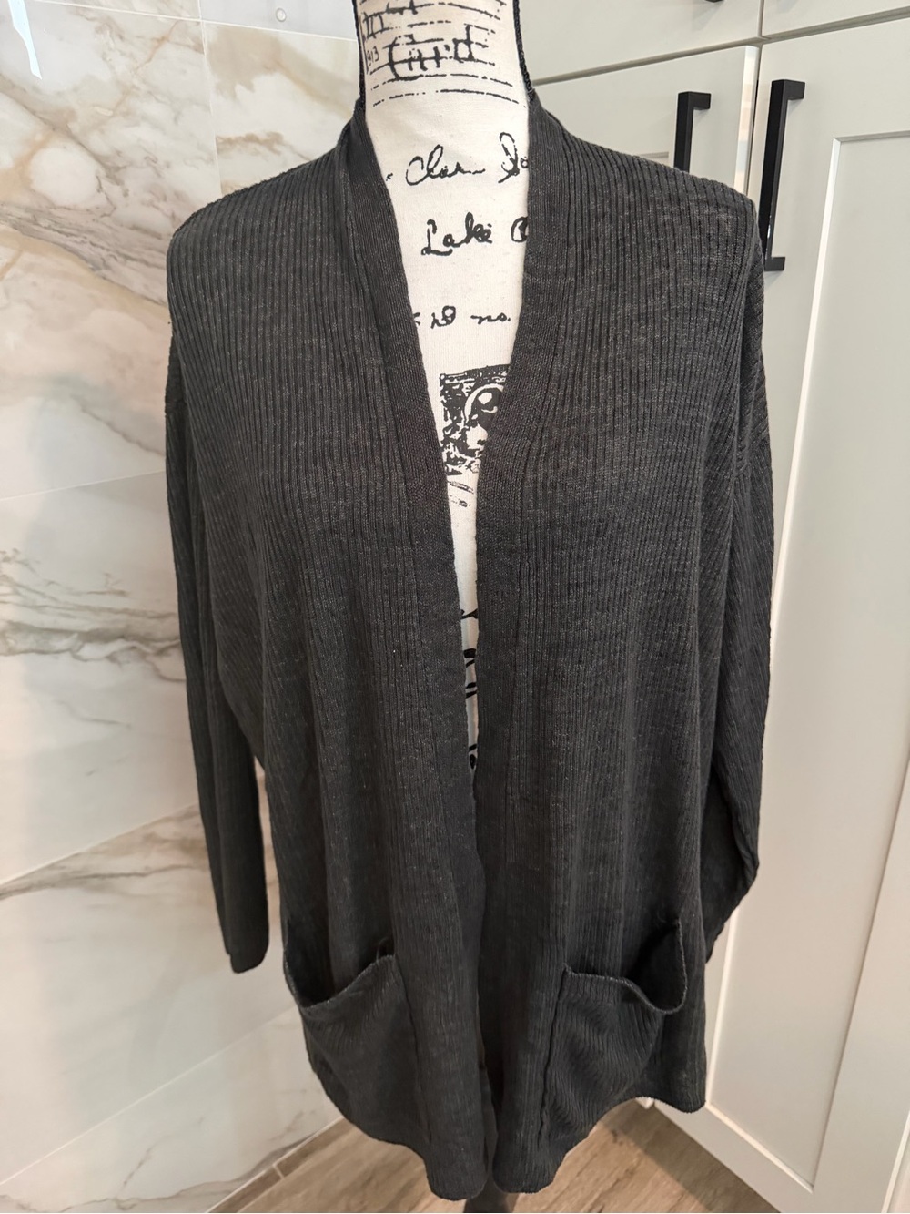 Women’s Eileen Fisher Open-Front Ribbed Cardigan Sweater - Charcoal Pockets XL/T